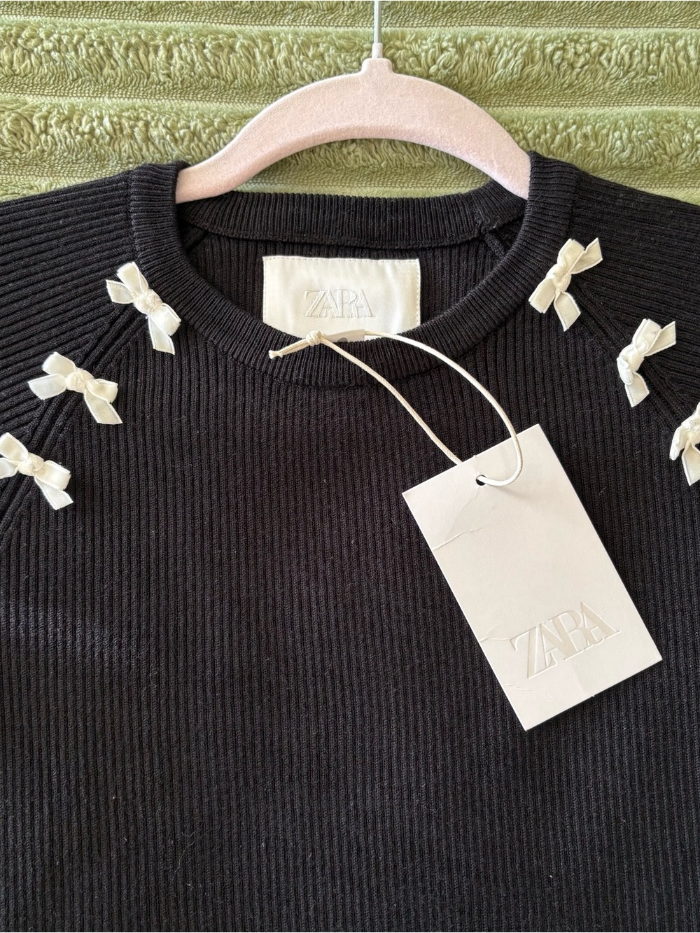 ZARA Black Ribbed Sweater Crop Top with Cream Bow Accents